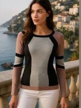 Karen Millen Colorblock Knit Top Sweater Size 4 Black Beige Grey